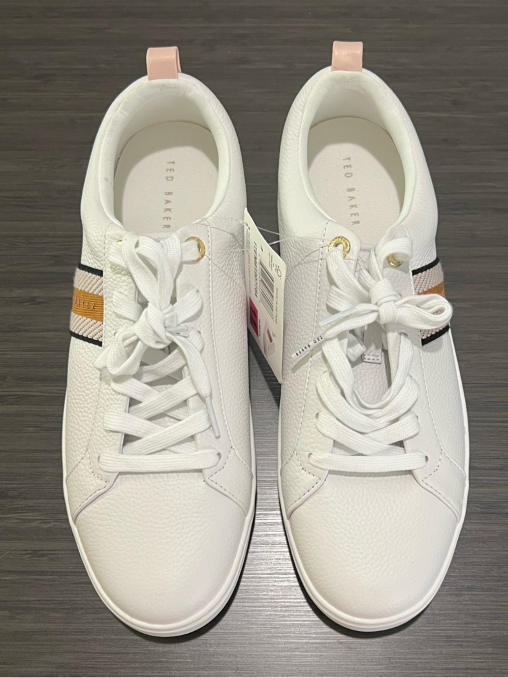 Ted Baker Leather Sneakers Women’s Size 11 White Pink Gold Stripe New Classic - Picture 2 of 9